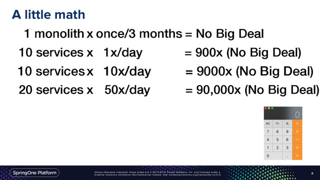 Unless otherwise indicated, these slides are © 2013-2016 Pivotal Software, Inc. and licensed under a
Creative Commons Attribution-NonCommercial license: http://creativecommons.org/licenses/by-nc/3.0/
A little math
4
1 monolith x once/3 months = No Big Deal
10 services x 1x/day = 900x (No Big Deal)
20 services x 50x/day = 90,000x (No Big Deal)
10 servicesx 10x/day = 9000x (No Big Deal)
