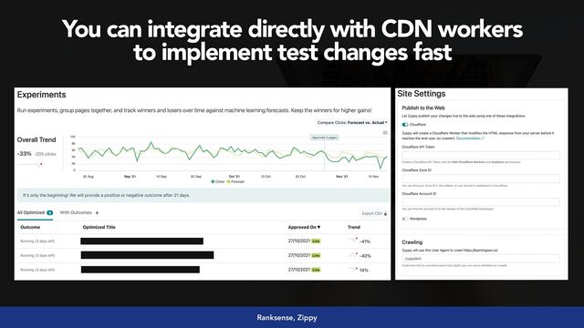 #seoaudits by @aleyda from @orainti
You can integrate directly with CDN workers
 
to implement test changes fast
Ranksense, Zippy
