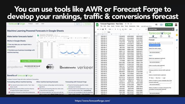 #seoaudits by @aleyda from @orainti
You can use tools like AWR or Forecast Forge to
develop your rankings, traffic & conversions forecast
https://www.forecastforge.com/
