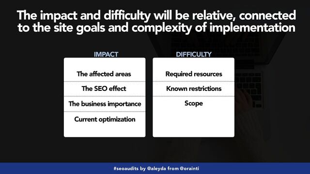 #seoaudits by @aleyda from @orainti
The affected areas
The SEO effect
The business importance
Current optimization
Required resources
Known restrictions
Scope
IMPACT DIFFICULTY
The impact and difficulty will be relative, connected
 
to the site goals and complexity of implementation
