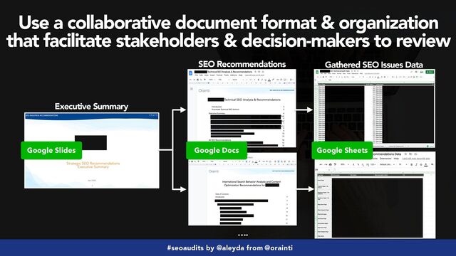#seoaudits by @aleyda from @orainti
Use a collaborative document format & organization
that facilitate stakeholders & decision-makers to review
Executive Summary
SEO Recommendations Gathered SEO Issues Data
….
Google Slides Google Docs Google Sheets
