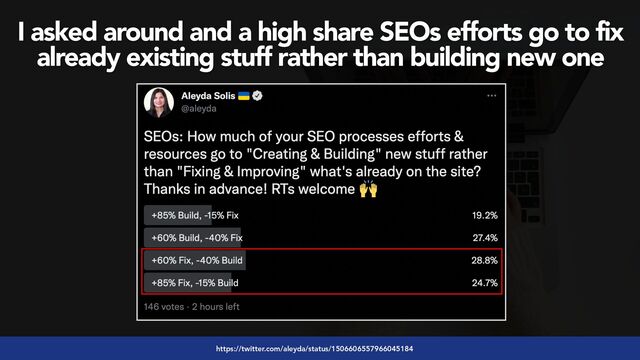 #seoaudits by @aleyda from @orainti
https://twitter.com/aleyda/status/1506606557966045184
I asked around and a high share SEOs efforts go to fix
already existing stuff rather than building new one
