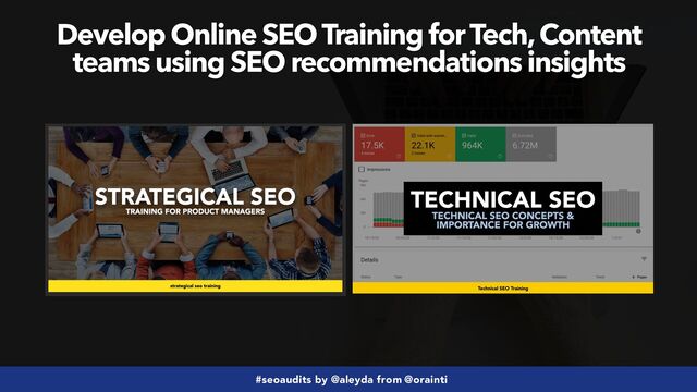 #seoaudits by @aleyda from @orainti
Develop Online SEO Training for Tech, Content
 
teams using SEO recommendations insights
