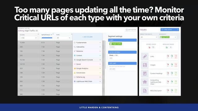 #seoaudits by @aleyda from @orainti
LITTLE WARDEN & CONTENTKING
Too many pages updating all the time? Monitor
Critical URLs of each type with your own criteria
