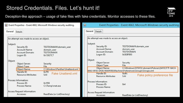 Stored Credentials. Files. Let’s hunt it!
Deception-like approach – usage of fake files with fake credentials. Monitor accesses to these files.
Fake Unattend.xml
Fake policy preference file
