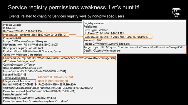 Events, related to changing Services registry keys by non-privileged users
Service registry permissions weakness. Let’s hunt it!
Medium IL shows us that
user is non-privileged
