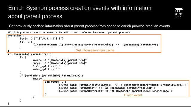 Enrich Sysmon process creation events with information
about parent process
Get previously cached information about parent process from cache to enrich process creation events.
Get information from cache
Enrich event

