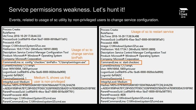 Service permissions weakness. Let’s hunt it!
Events, related to usage of sc utility by non-privileged users to change service configuration.
Medium IL shows us that
user is non-privileged
Usage of sc to
change service
binPath
Usage of sc to restart service
