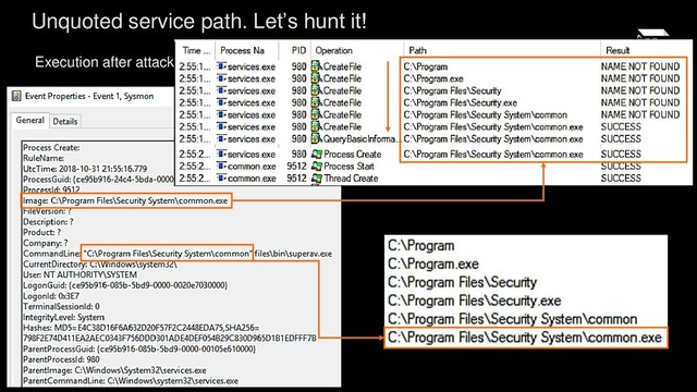 Execution after attack
Unquoted service path. Let’s hunt it!
