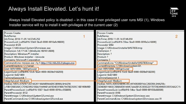 Always Install Elevated policy is disabled – in this case if non privileged user runs MSI (1), Windows
Installer service will try to install it with privileges of the current user (2)
Always Install Elevated. Let’s hunt it!
1 2
