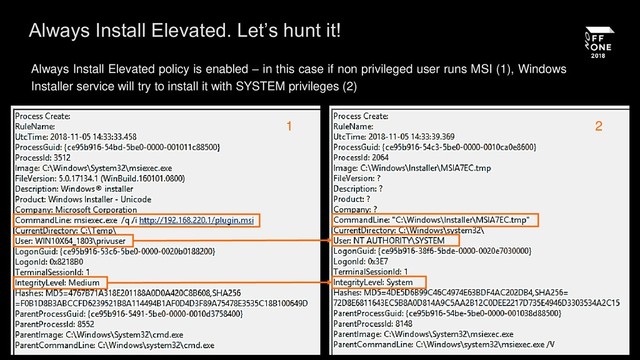 Always Install Elevated. Let’s hunt it!
Always Install Elevated policy is enabled – in this case if non privileged user runs MSI (1), Windows
Installer service will try to install it with SYSTEM privileges (2)
1 2
