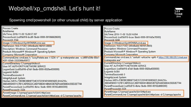 Webshell/xp_cmdshell. Let’s hunt it!
Spawning cmd/powershell (or other unusual child) by server application
