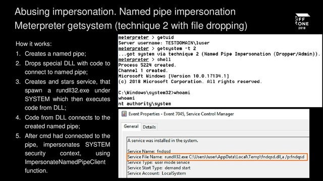 Abusing impersonation. Named pipe impersonation
Meterpreter getsystem (technique 2 with file dropping)
How it works:
1. Creates a named pipe;
2. Drops special DLL with code to
connect to named pipe;
3. Creates and stars service, that
spawn a rundll32.exe under
SYSTEM which then executes
code from DLL;
4. Code from DLL connects to the
created named pipe;
5. After cmd had connected to the
pipe, impersonates SYSTEM
security context, using
ImpersonateNamedPipeClient
function.
