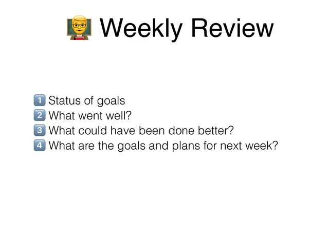 E Status of goals
G What went well?
I What could have been done better?
L What are the goals and plans for next week?
M Weekly Review
