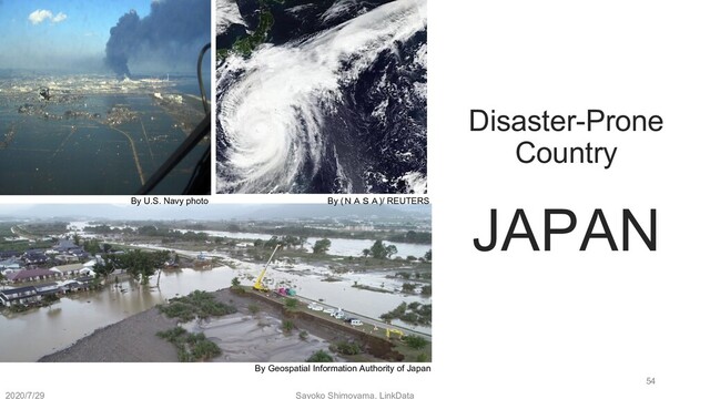Disaster-Prone
Country
JAPAN
54
By (ＮＡＳＡ)/ REUTERS
By Geospatial Information Authority of Japan
By U.S. Navy photo
2020/7/29 Sayoko Shimoyama, LinkData
54
