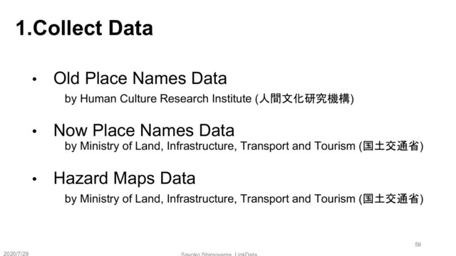 • Old Place Names Data
by Human Culture Research Institute (人間文化研究機構)
• Now Place Names Data
by Ministry of Land, Infrastructure, Transport and Tourism (国土交通省)
• Hazard Maps Data
by Ministry of Land, Infrastructure, Transport and Tourism (国土交通省)
1.Collect Data
2020/7/29
59
