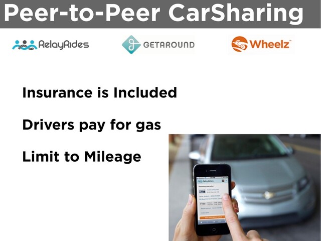 Peer-to-Peer CarSharing
Insurance is Included
Drivers pay for gas
Limit to Mileage
