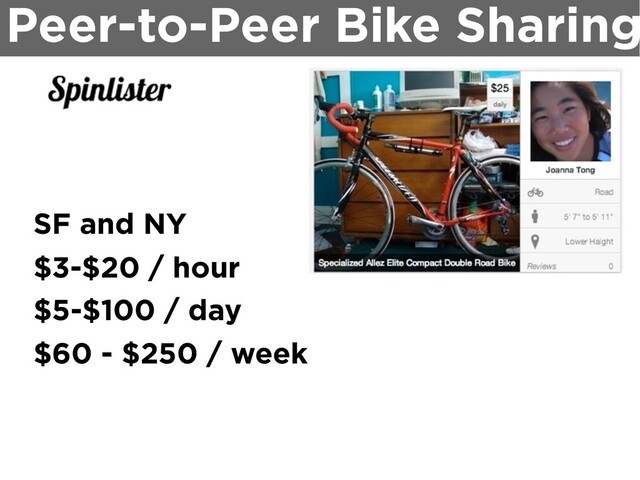 Peer-to-Peer Bike Sharing
SF and NY
$3-$20 / hour
$5-$100 / day
$60 - $250 / week

