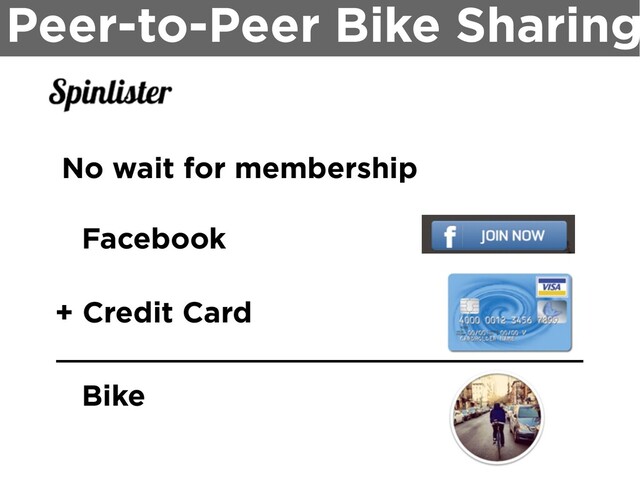 Peer-to-Peer Bike Sharing
No wait for membership
Facebook
+ Credit Card
Bike

