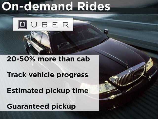 On-demand Rides
20-50% more than cab
Track vehicle progress
Estimated pickup time
Guaranteed pickup
