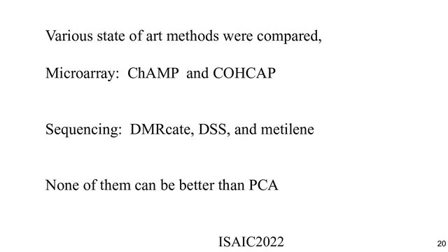 Various state of art methods were compared,
Microarray: ChAMP and COHCAP
Sequencing: DMRcate, DSS, and metilene
None of them can be better than PCA
ISAIC2022　　　　　　　　　　　　　　　　　　　　　　　　　　　　　
20
