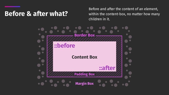 Before & after what?
::before
::after
Before and after the content of an element,
within the content-box, no matter how many 
children in it.
