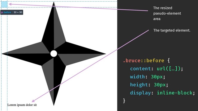 The targeted element.
The resized
pseudo-element
area
.bruce::before {
content: url([…]);
width: 30px;
height: 30px; 
display: inline-block;
}
