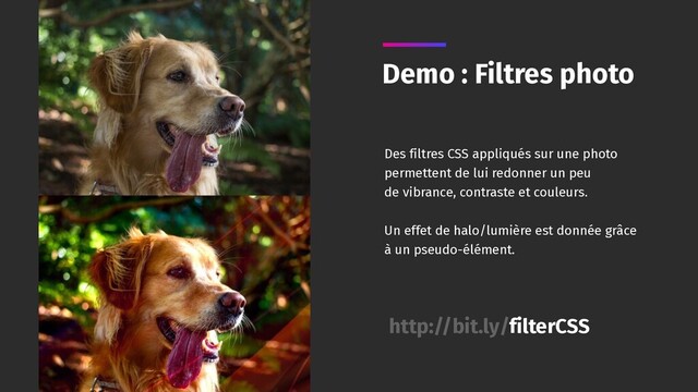 Demo : Filtres photo
Des filtres CSS appliqués sur une photo
permettent de lui redonner un peu
de vibrance, contraste et couleurs.
Un effet de halo/lumière est donnée grâce
à un pseudo-élément.
http://bit.ly/filterCSS
