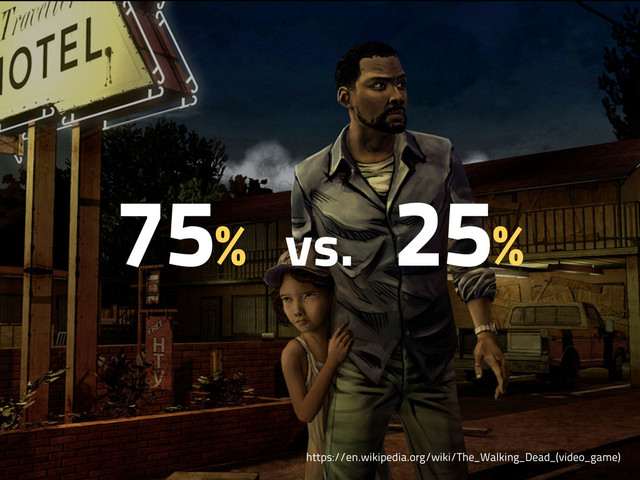 75% vs. 25%
https://en.wikipedia.org/wiki/The_Walking_Dead_(video_game)
