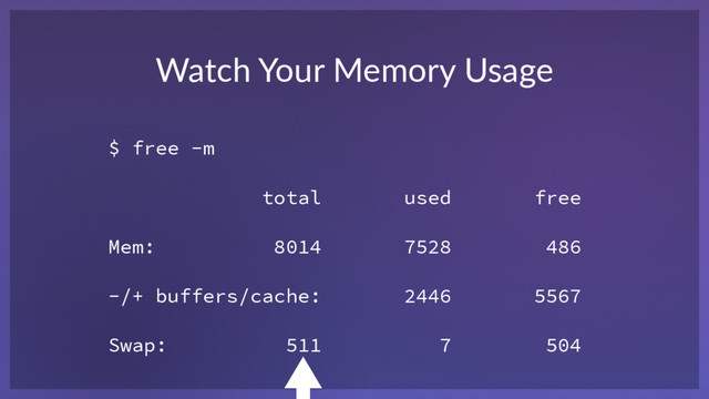 $ free -m
total used free
Mem: 8014 7528 486
-/+ buffers/cache: 2446 5567
Swap: 511 7 504
Watch Your Memory Usage
