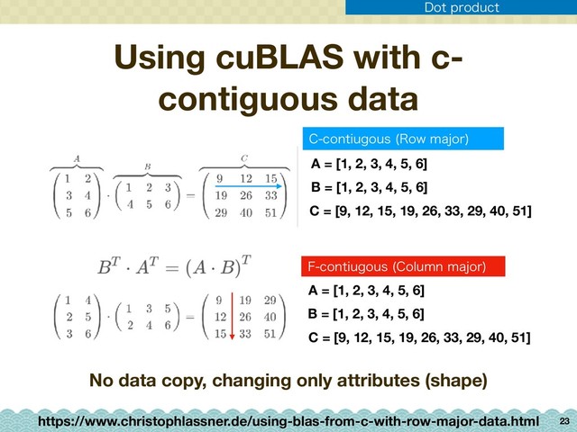 Using cuBLAS with c-
contiguous data
23
A = [1, 2, 3, 4, 5, 6]
B = [1, 2, 3, 4, 5, 6]
C = [9, 12, 15, 19, 26, 33, 29, 40, 51]
A = [1, 2, 3, 4, 5, 6]
B = [1, 2, 3, 4, 5, 6]
C = [9, 12, 15, 19, 26, 33, 29, 40, 51]
$DPOUJVHPVT 3PXNBKPS

'DPOUJVHPVT $PMVNONBKPS

No data copy, changing only attributes (shape)
https://www.christophlassner.de/using-blas-from-c-with-row-major-data.html
%PUQSPEVDU
