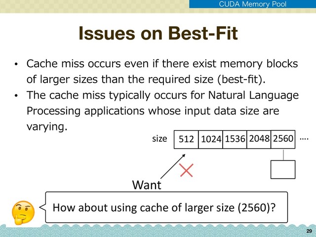 Issues on Best-Fit
29
$6%".FNPSZ1PPM
• Cache miss occurs even if there exist memory blocks
of larger sizes than the required size (best-ﬁt).
• The cache miss typically occurs for Natural Language
Processing applications whose input data size are
varying.
512 1024 1536 2048 2560 ….
size
Want
How about using cache of larger size (2560)?
