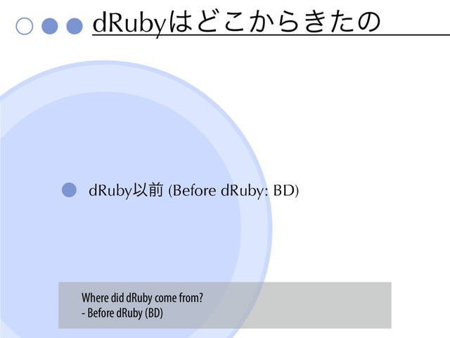 dRuby͸Ͳ͔͜Β͖ͨͷ
dRubyҎલ (Before dRuby: BD)
Where did dRuby come from?
- Before dRuby (BD)
