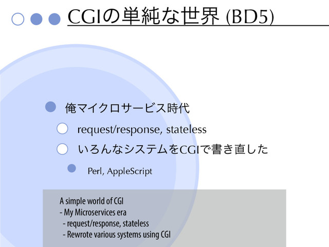 CGIͷ୯७ͳੈք (BD5)
ԶϚΠΫϩαʔϏε࣌୅
request/response, stateless
͍ΖΜͳγεςϜΛCGIͰॻ͖௚ͨ͠
Perl, AppleScript
A simple world of CGI
- My Microservices era
- request/response, stateless
- Rewrote various systems using CGI
