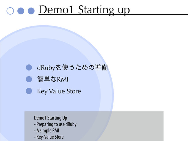 Demo1 Starting up
dRubyΛ࢖͏ͨΊͷ४උ
؆୯ͳRMI
Key Value Store
Demo1 Starting Up
- Preparing to use dRuby
- A simple RMI
- Key-Value Store
