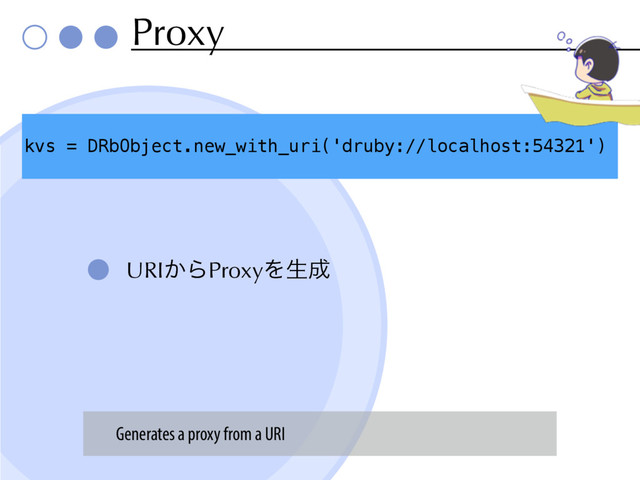 Proxy
URI͔ΒProxyΛੜ੒
kvs = DRbObject.new_with_uri('druby://localhost:54321')
Generates a proxy from a URI
