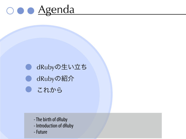 Agenda
dRubyͷੜཱ͍ͪ
dRubyͷ঺հ
͜Ε͔Β
- The birth of dRuby
- Introduction of dRuby
- Future
