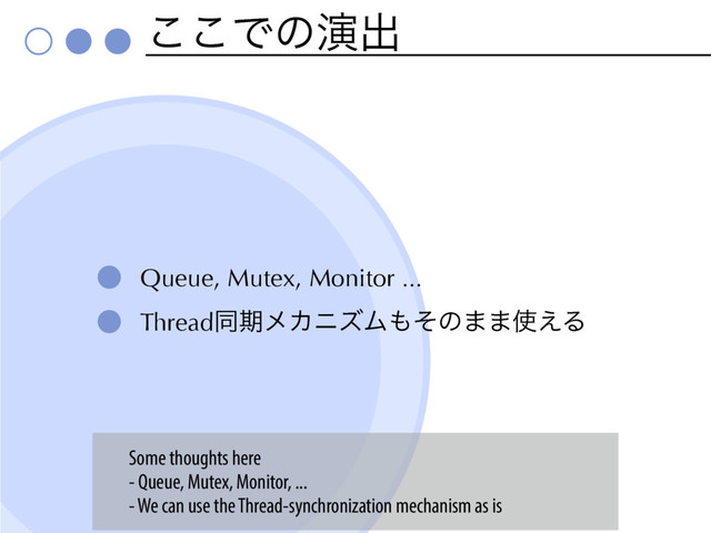 ͜͜Ͱͷԋग़
Queue, Mutex, Monitor ...
ThreadಉظϝΧχζϜ΋ͦͷ··࢖͑Δ
Some thoughts here
- Queue, Mutex, Monitor, ...
- We can use the Thread-synchronization mechanism as is
