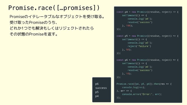 Promise.race([…promises])
Promiseのイテレータブルなオブジェクトを受け取る。
受け取ったPromiseのうち、
どれか1つでも解決もしくはリジェクトされたら
その状態のPromiseを返す。
