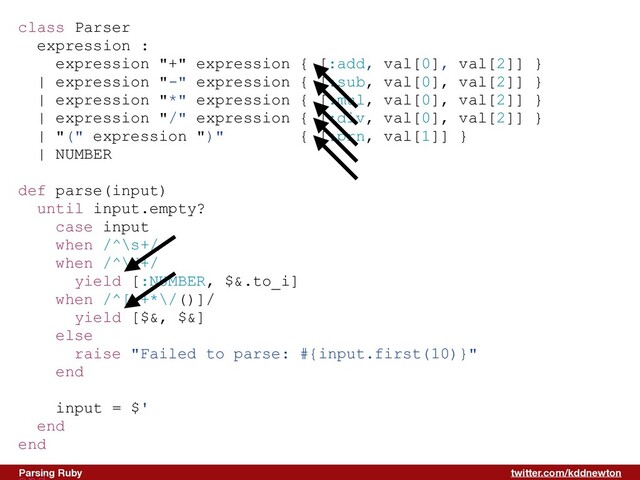 twitter.com/kddnewton
Parsing Ruby
class Parser


expression :


expression "+" expression { [:add, val[0], val[2]] }


| expression "-" expression { [:sub, val[0], val[2]] }


| expression "*" expression { [:mul, val[0], val[2]] }


| expression "/" expression { [:div, val[0], val[2]] }


| "(" expression ")" { [:prn, val[1]] }


| NUMBER


def parse(input)


until input.empty?


case input


when /^\s+/


when /^\d+/


yield [:NUMBER, $&.to_i]


when /^[-+*\/()]/


yield [$&, $&]


else


raise "Failed to parse: #{input.first(10)}"


end


input = $'


end


end




