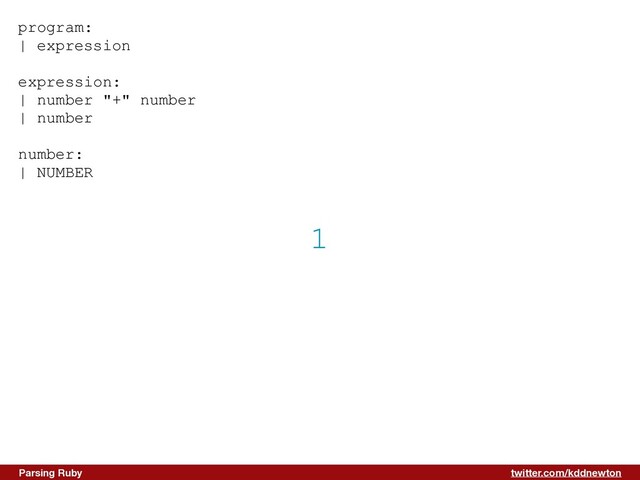 twitter.com/kddnewton
Parsing Ruby
1
program:


| expression


expression:


| number "+" number


| number


number:


| NUMBER


