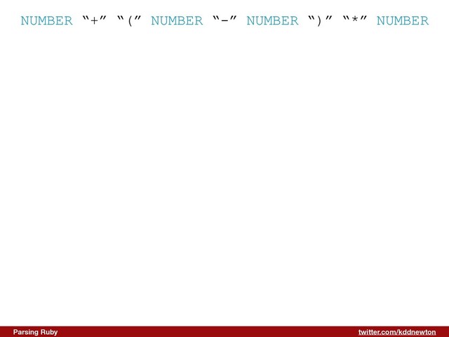 twitter.com/kddnewton
Parsing Ruby
NUMBER “+” “(” NUMBER “-” NUMBER “)” “*” NUMBER
