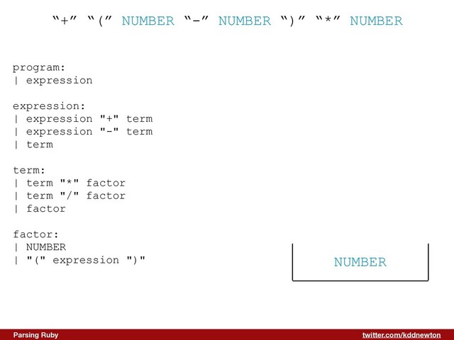 twitter.com/kddnewton
Parsing Ruby
“+” “(” NUMBER “-” NUMBER “)” “*” NUMBER
program:


| expression


expression:


| expression "+" term


| expression "-" term


| term


term:


| term "*" factor


| term "/" factor


| factor


factor:


| NUMBER


| "(" expression ")"


NUMBER
