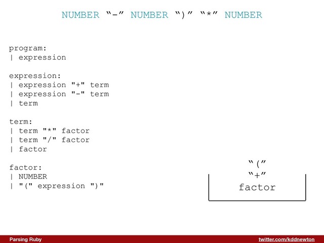 twitter.com/kddnewton
Parsing Ruby
NUMBER “-” NUMBER “)” “*” NUMBER
program:


| expression


expression:


| expression "+" term


| expression "-" term


| term


term:


| term "*" factor


| term "/" factor


| factor


factor:


| NUMBER


| "(" expression ")"


“(”


“+”


factor
