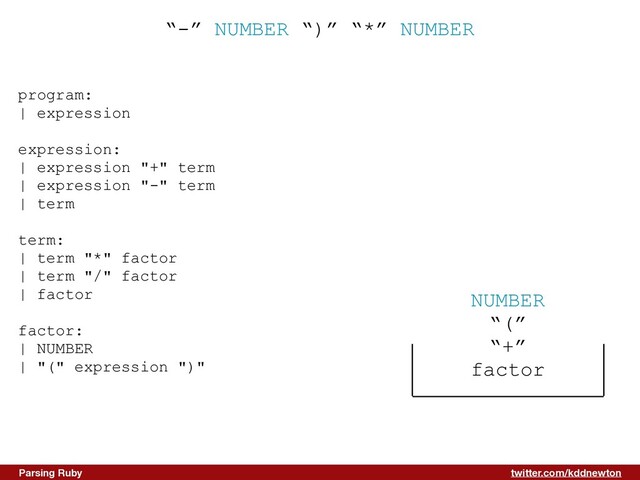 twitter.com/kddnewton
Parsing Ruby
“-” NUMBER “)” “*” NUMBER
program:


| expression


expression:


| expression "+" term


| expression "-" term


| term


term:


| term "*" factor


| term "/" factor


| factor


factor:


| NUMBER


| "(" expression ")"


NUMBER


“(”


“+”


factor
