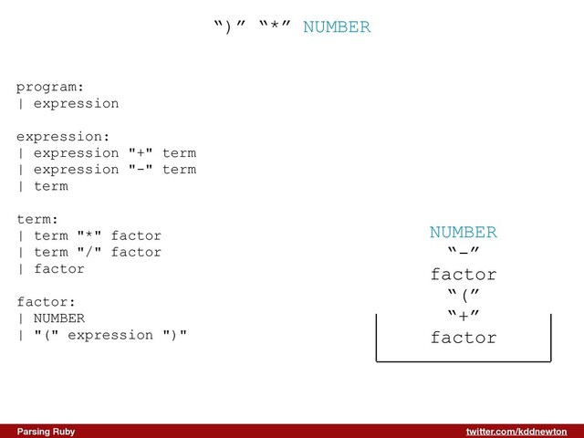 twitter.com/kddnewton
Parsing Ruby
“)” “*” NUMBER
program:


| expression


expression:


| expression "+" term


| expression "-" term


| term


term:


| term "*" factor


| term "/" factor


| factor


factor:


| NUMBER


| "(" expression ")"


NUMBER


“-”


factor


“(”


“+”


factor
