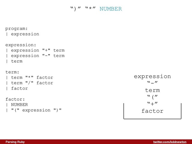 twitter.com/kddnewton
Parsing Ruby
“)” “*” NUMBER
expression


“-”


term


“(”


“+”


factor
program:


| expression


expression:


| expression "+" term


| expression "-" term


| term


term:


| term "*" factor


| term "/" factor


| factor


factor:


| NUMBER


| "(" expression ")"


