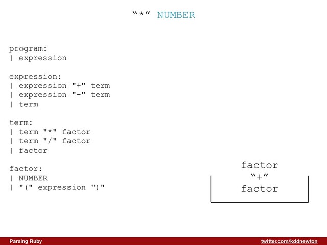 twitter.com/kddnewton
Parsing Ruby
“*” NUMBER
factor


“+”


factor
program:


| expression


expression:


| expression "+" term


| expression "-" term


| term


term:


| term "*" factor


| term "/" factor


| factor


factor:


| NUMBER


| "(" expression ")"


